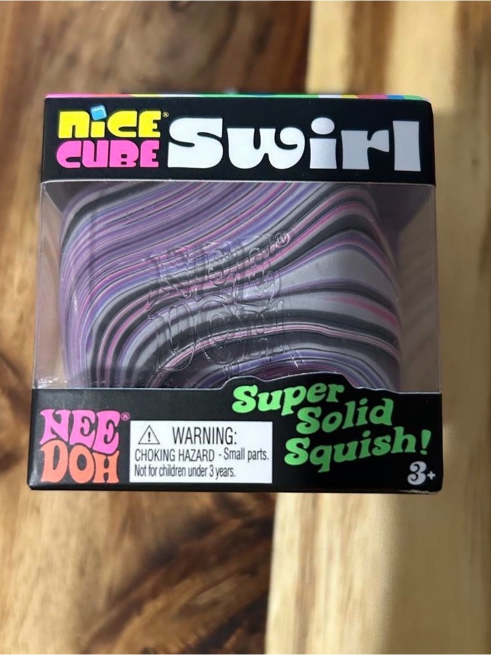 Nee Doh Nice Cube Swirl Purple & Gray Super Solid Squish Medium in size